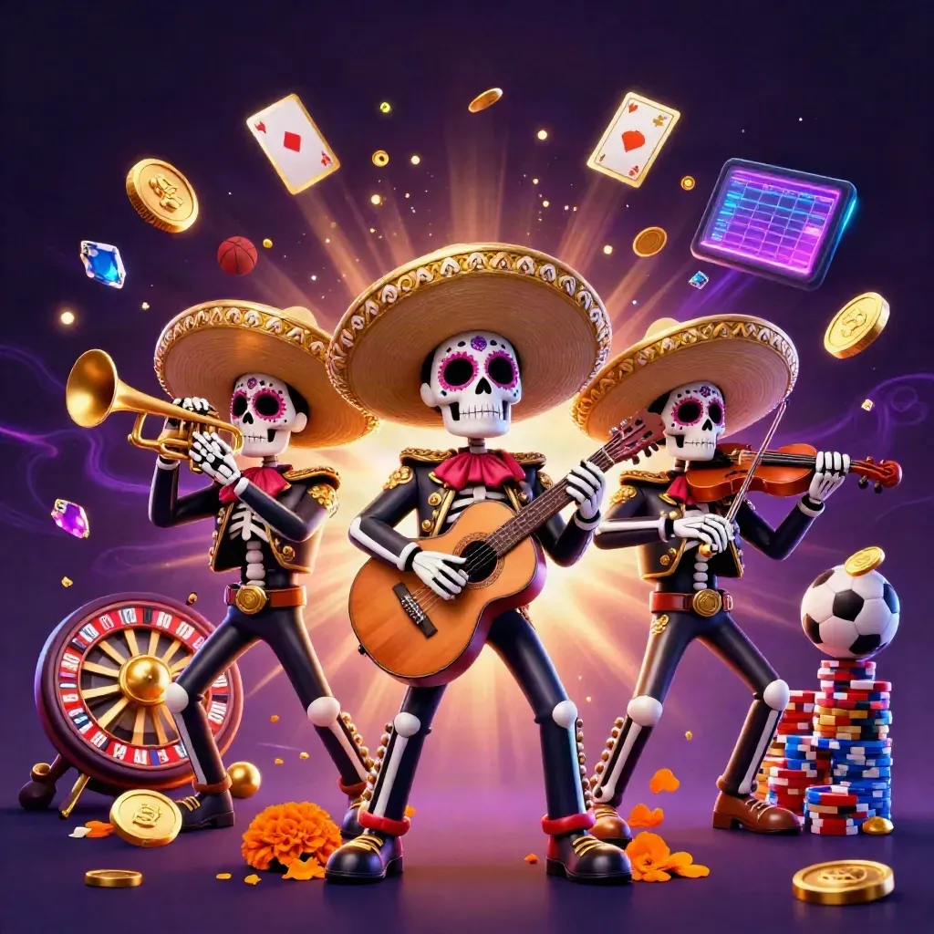 Day-of-the-Dead mariachi skeleton trio with casino coins, chips, cards and sports balls.