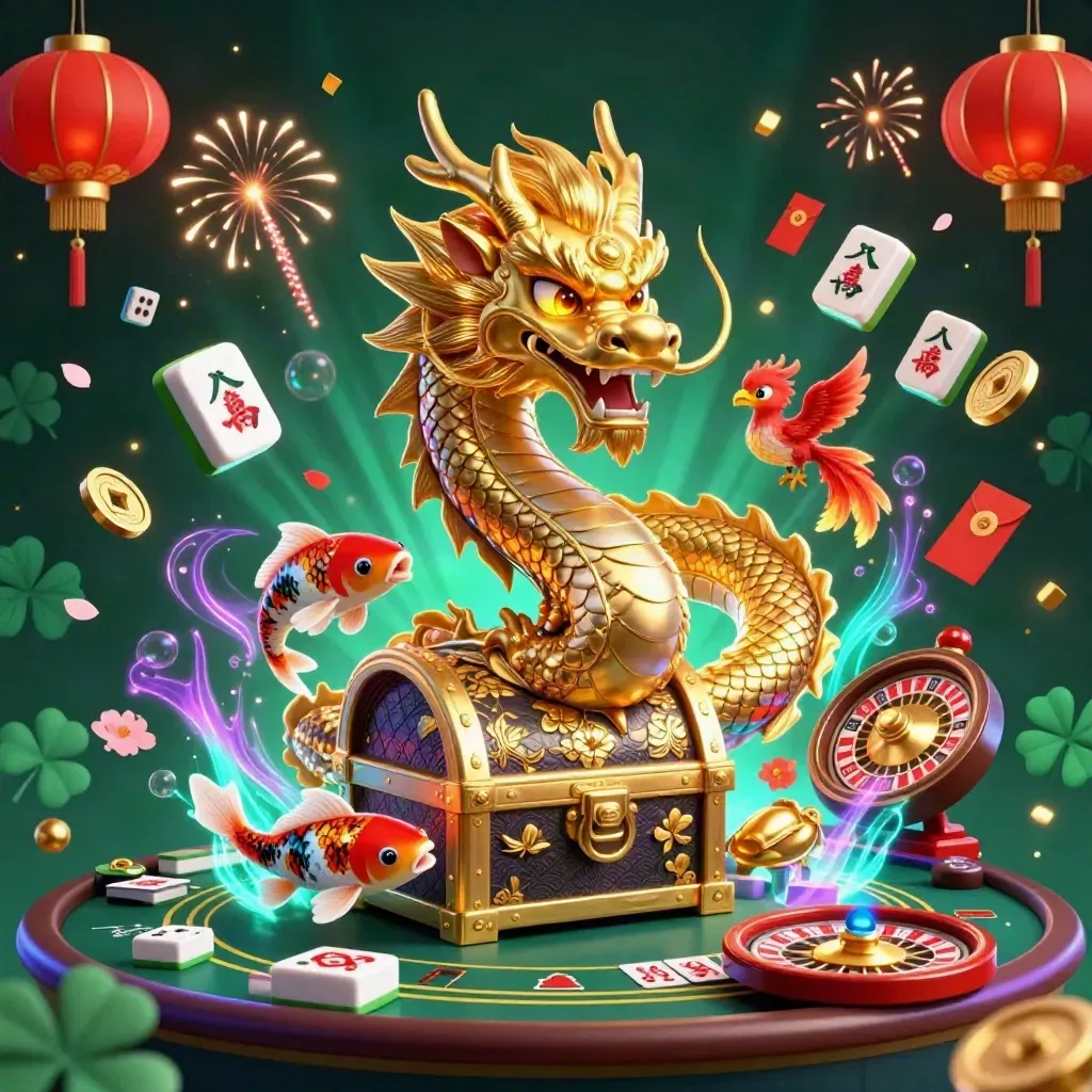 Golden dragon and phoenix amid jade coins, lanterns, bubbles, and a spinning roulette wheel.
