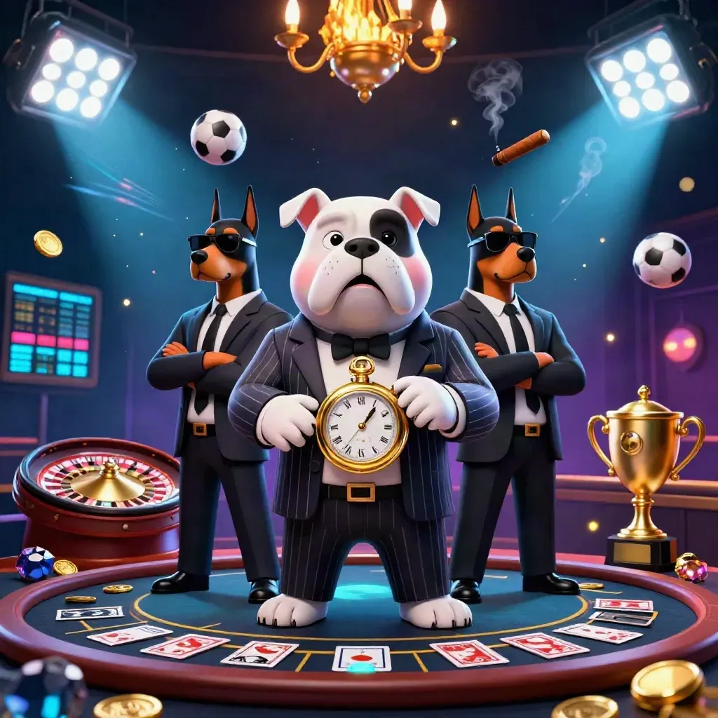 Mobster bulldog with two Dobermans in a luxe casino room, sports balls and trophy flying