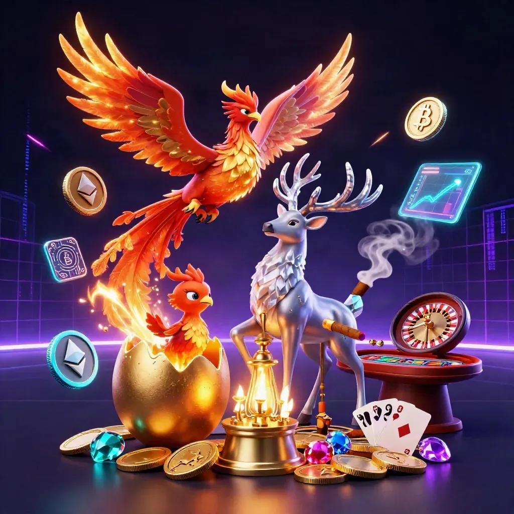 Phoenix, hatching egg and crystal stag amid neon casino effects on a dark luxury backdrop.
