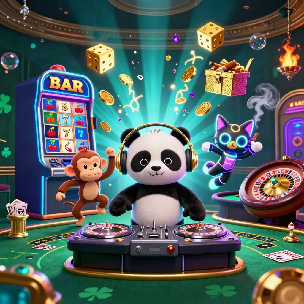 DJ panda, dancing monkey, and glow-stick kitten amid jackpot slot chaos in a luxe emerald casino