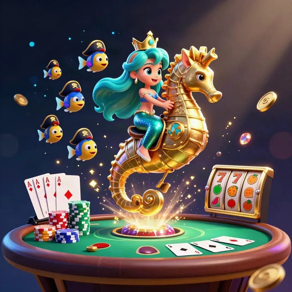 Mermaid princess rides armored seahorse with pirate fish amid casino chips and glowing cyan magic