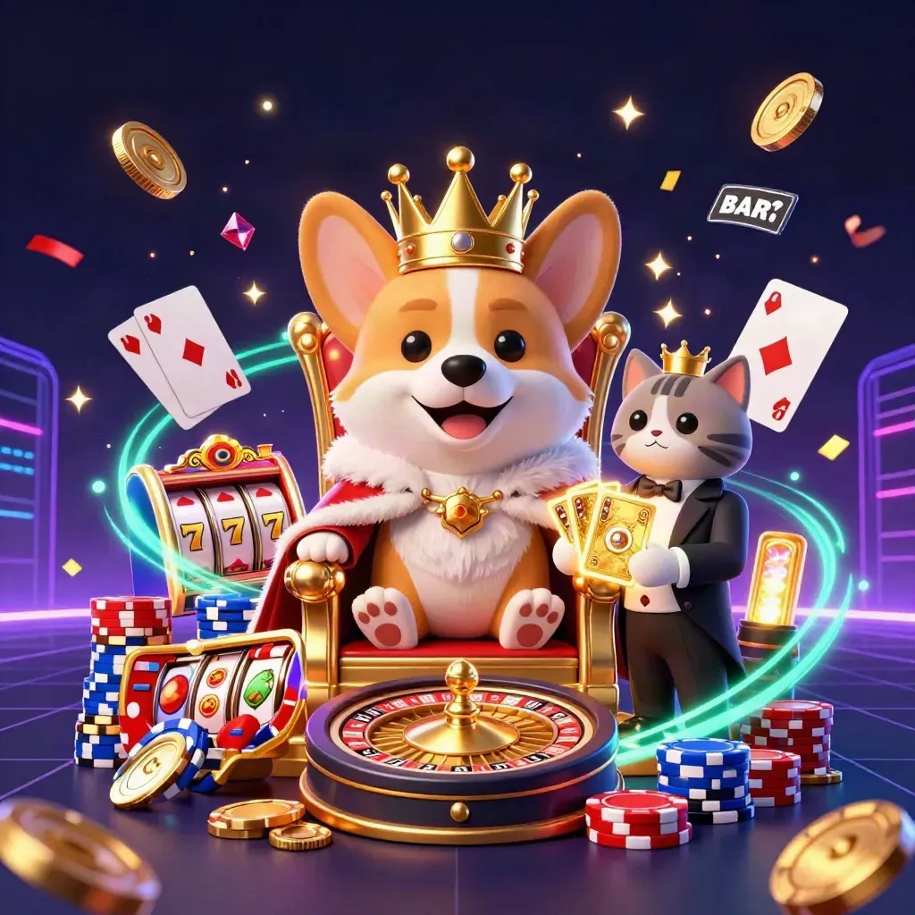 Royal corgi and cat butler amid coins, gems, cards, chips, and neon casino effects.
