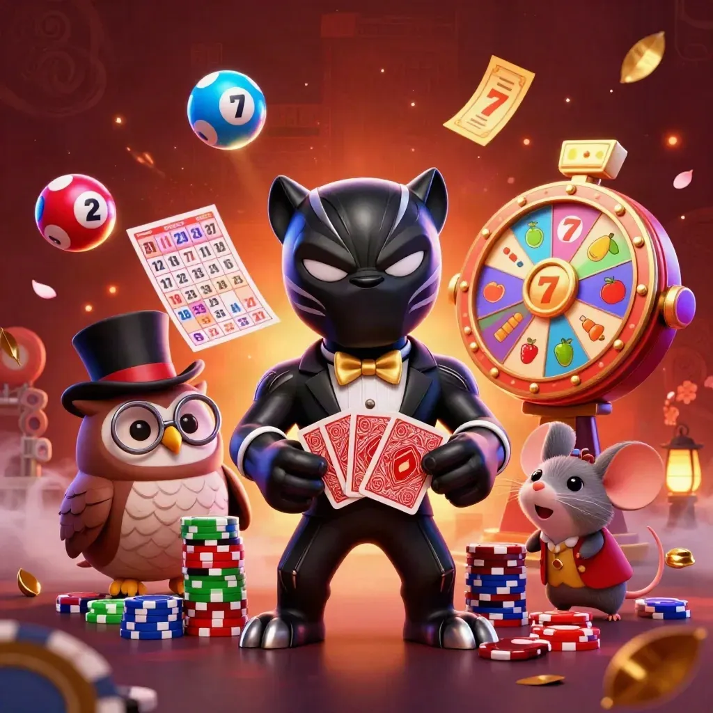 Panther, owl, and mouse amid chips, lottery balls, reels, tickets, embers, and neon casino glow.