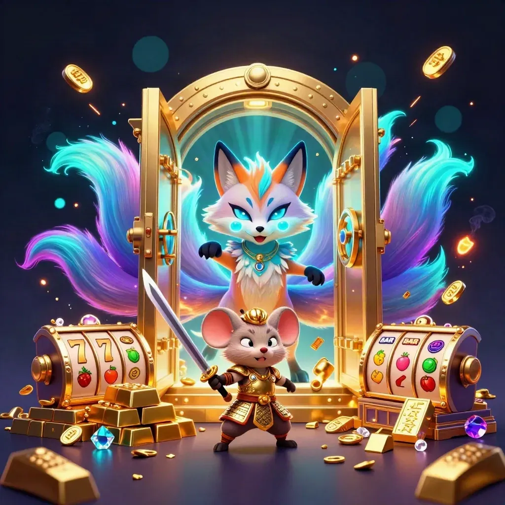Nine-tailed fox spirit and golden samurai mouse burst from a vault amid gems and neon casino effects.