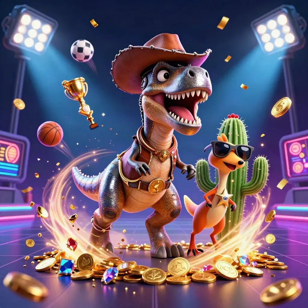 Cowboy T-Rex, cactus sidekick and roadrunner burst through casino treasure with sports balls and neon sparks.