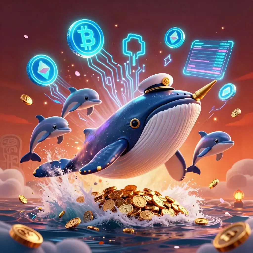 Whale captain, narwhal, and dolphins burst through coins with neon cyber effects.
