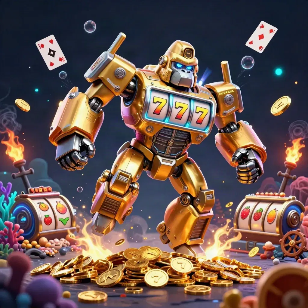 Golden gorilla mech in a treasure cove, coins, coral, cards, and glowing casino effects.