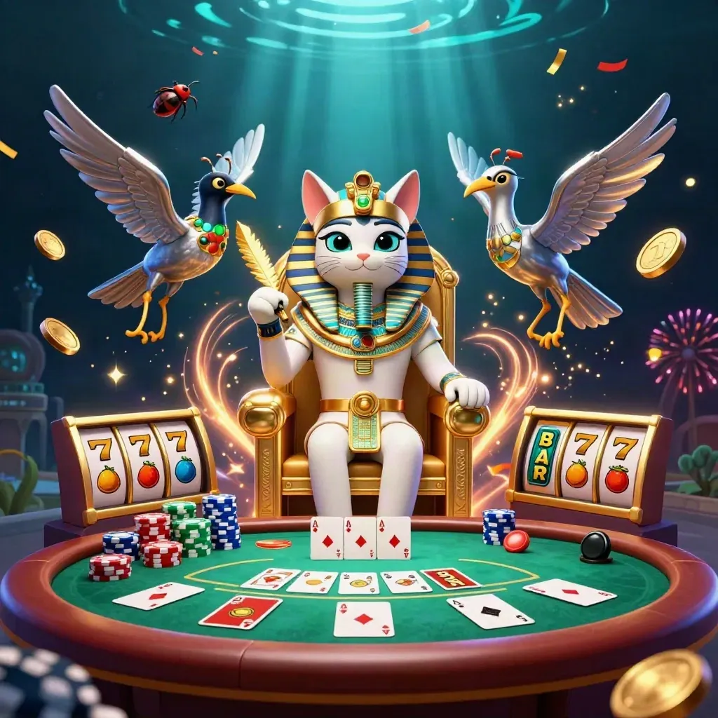 Pharaoh cat, ibis scribe, and gem-winged scarabs amid casino cards, coins, reels, and fireworks.
