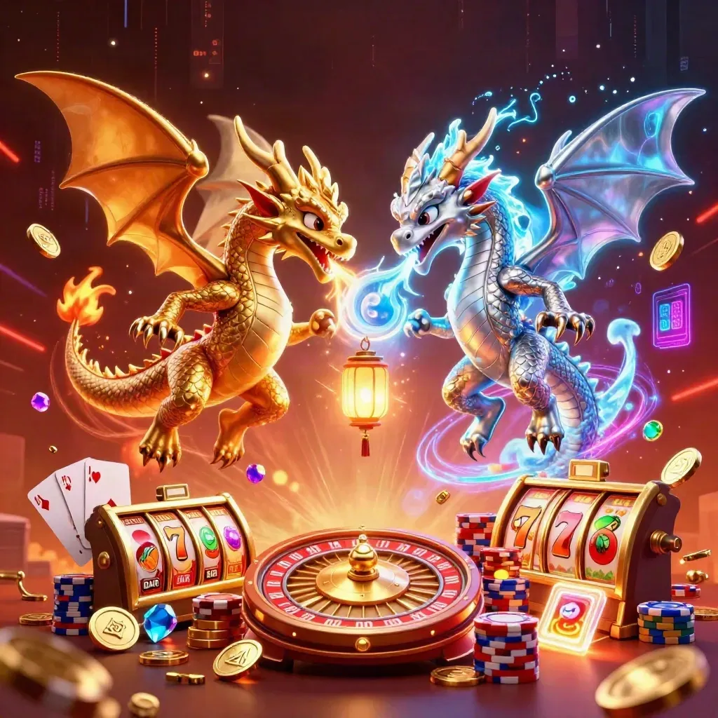 Twin gold and silver dragons form a yin-yang above coins, cards, chips, and a glowing lantern spirit.