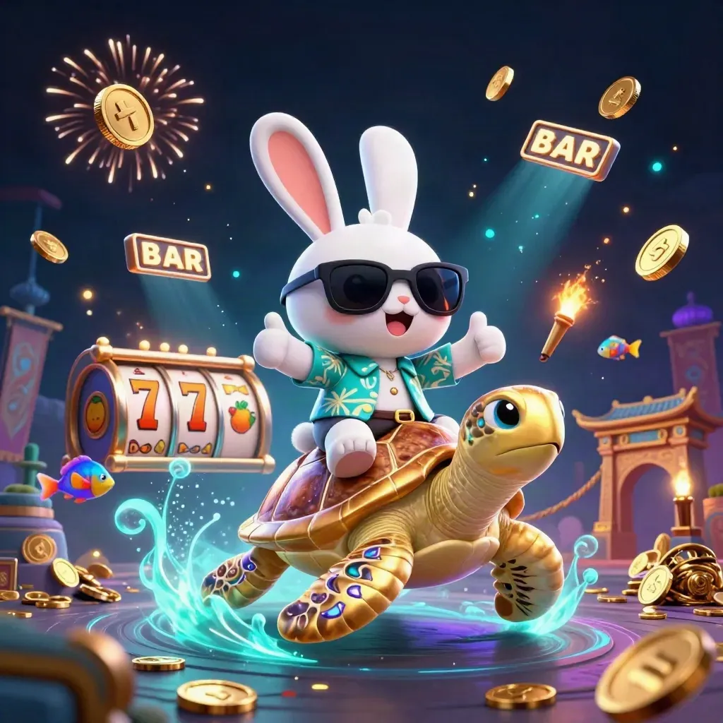 Lucky rabbit rides a golden sea turtle through coins, fireworks, temple gate, and glowing reels.