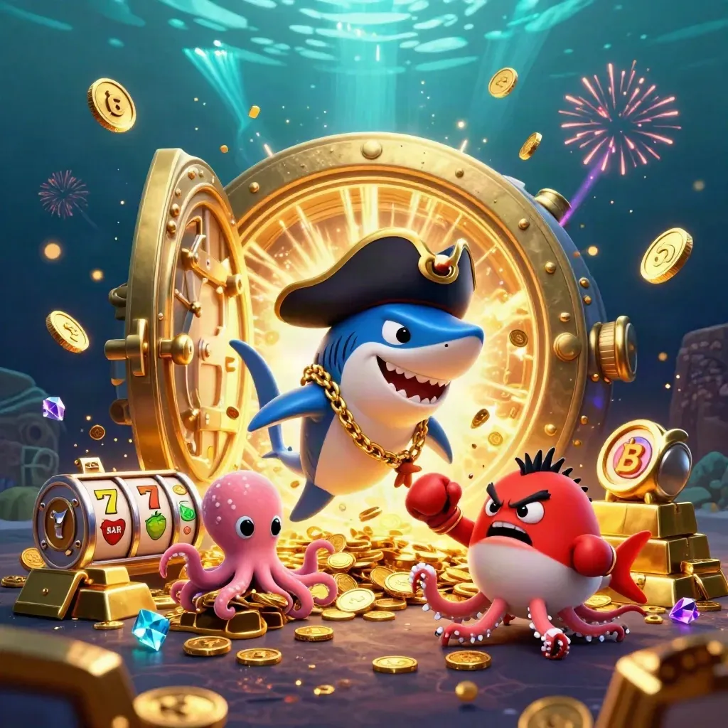 Pirate shark, boxing pufferfish, and octopus hurling coins from a bursting gold vault underwater.