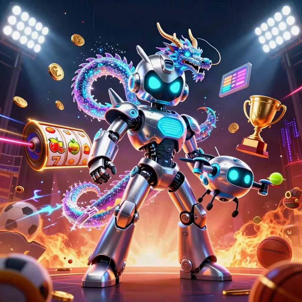 Chrome robot, holographic dragon and coin drone amid slot symbols and neon casino effects.