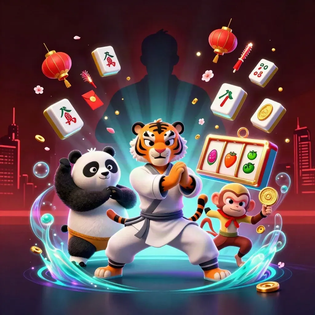 Kung-fu tiger, panda, and monkey amid neon casino tiles, coins, lanterns, and cyan-violet glow