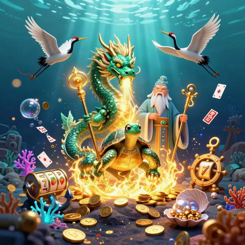 Emerald jade dragon, turtle sage, and cranes amid gold coins and underwater slot treasures.