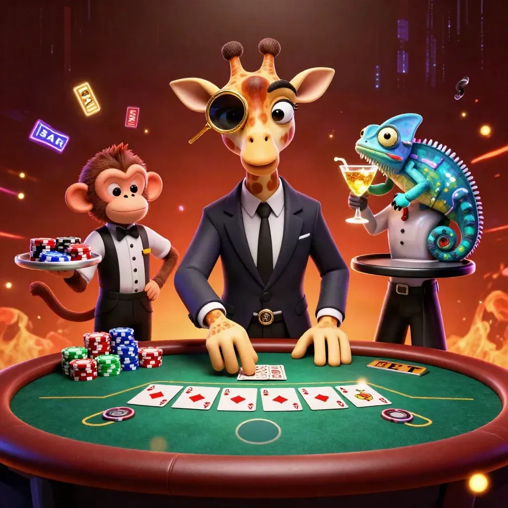 Giraffe high roller, monkey valet and chameleon bartender amid poker chips, cards and neon casino glow.