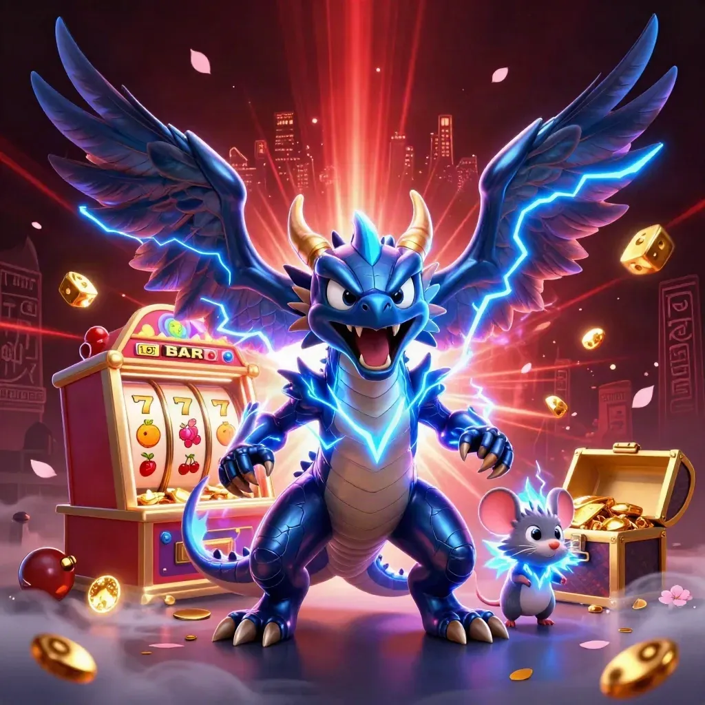 Thunder dragon, wind hawk and static mouse bursting from a slot machine in neon casino light.