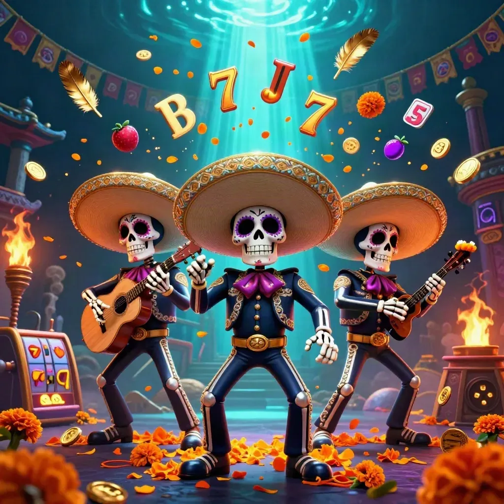 Day-of-the-Dead mariachi skeleton trio in neon casino chaos with reels, coins and temple gate