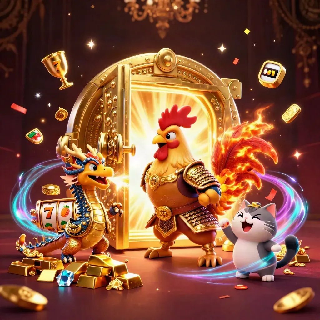 Rooster samurai, spark-breathing hatchling and fortune-cat amid vault gold and neon casino effects.