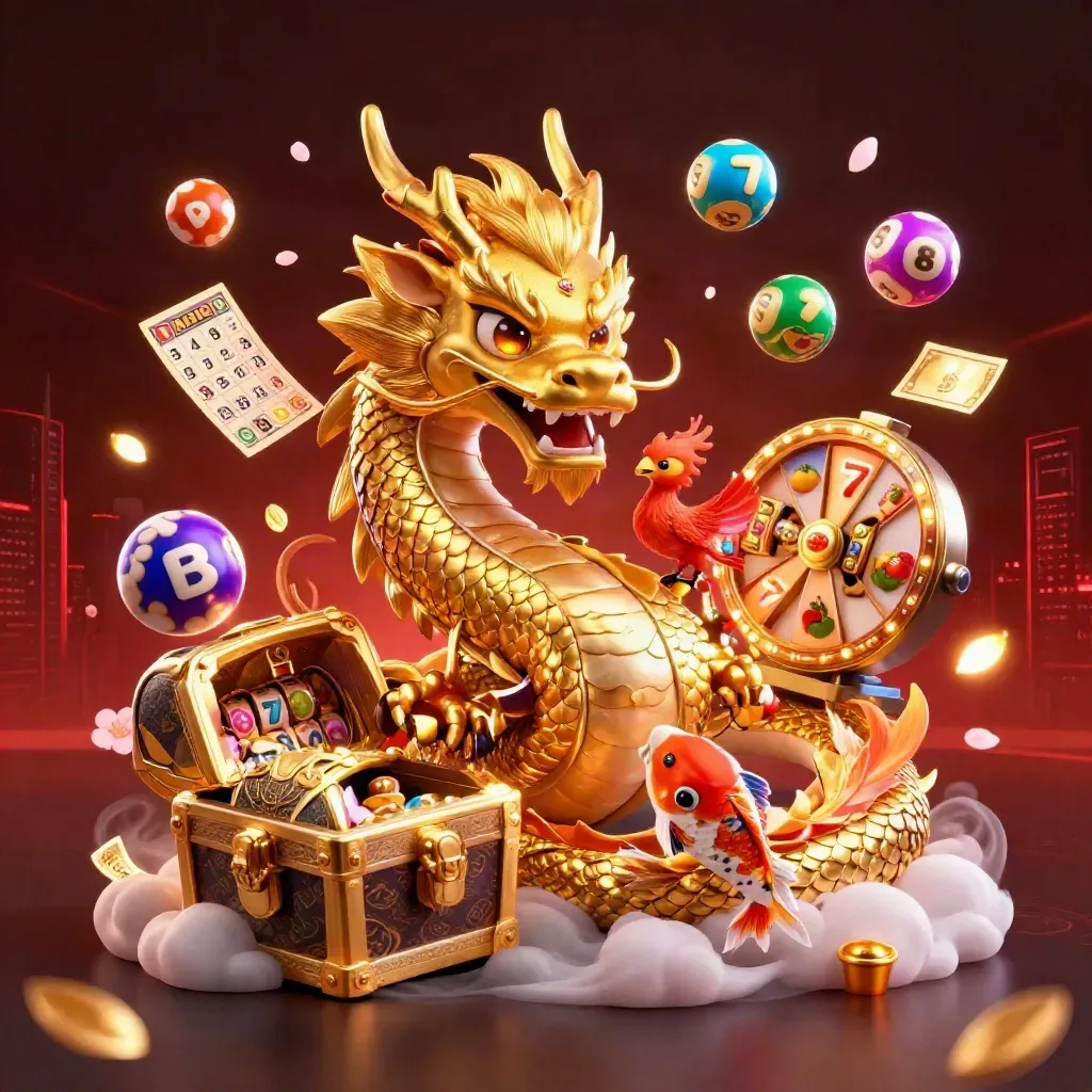 Golden dragon, phoenix and koi with casino symbols exploding in neon light