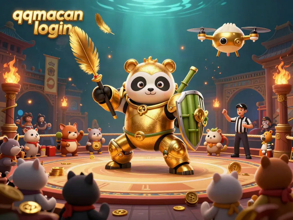 Experience thrilling gameplay with qqmacan login amidst an exciting casino arena illustration, showcasing a mech-suit panda.