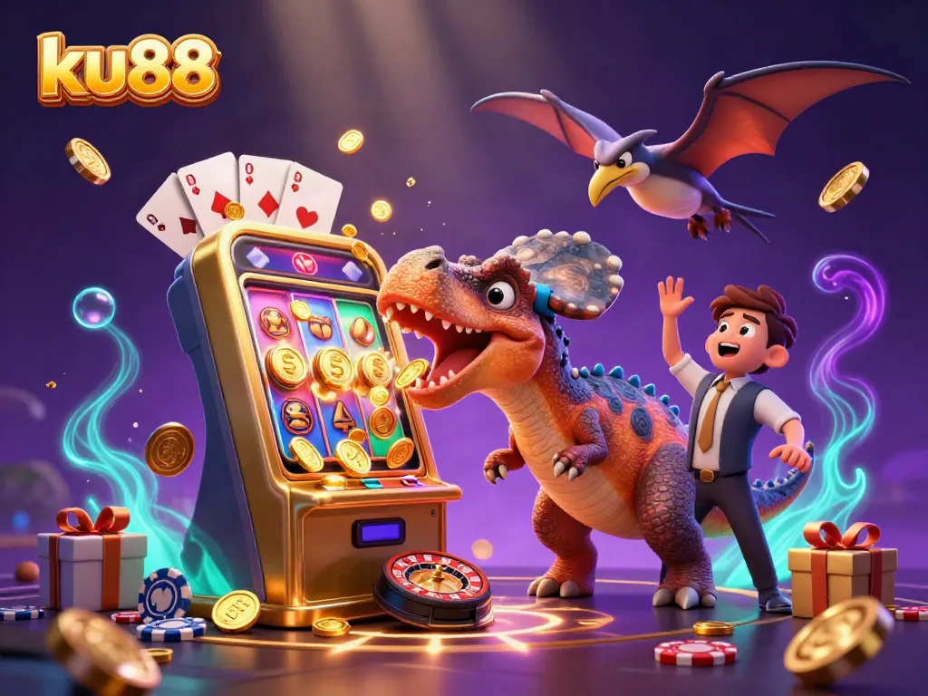 ku88 vibrantly showcases a 3D pachycephalosaurus winning at a slot machine amidst flying coins.