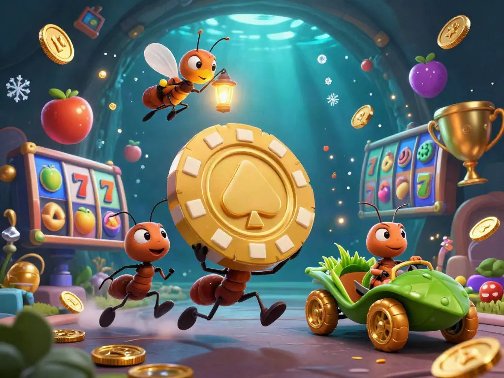 Engaging slot scene with cartoon ants heisting poker chips amid dynamic slot elements.