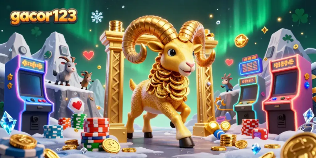 Experience excitement at gacor123 as a golden ram charges through a vibrant casino scene filled with game machines and glowing lights.