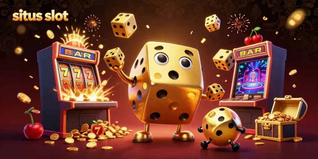 Experience the thrill of situs slot with vibrant games, golden dice, and jackpot excitement in a dynamic casino scene.