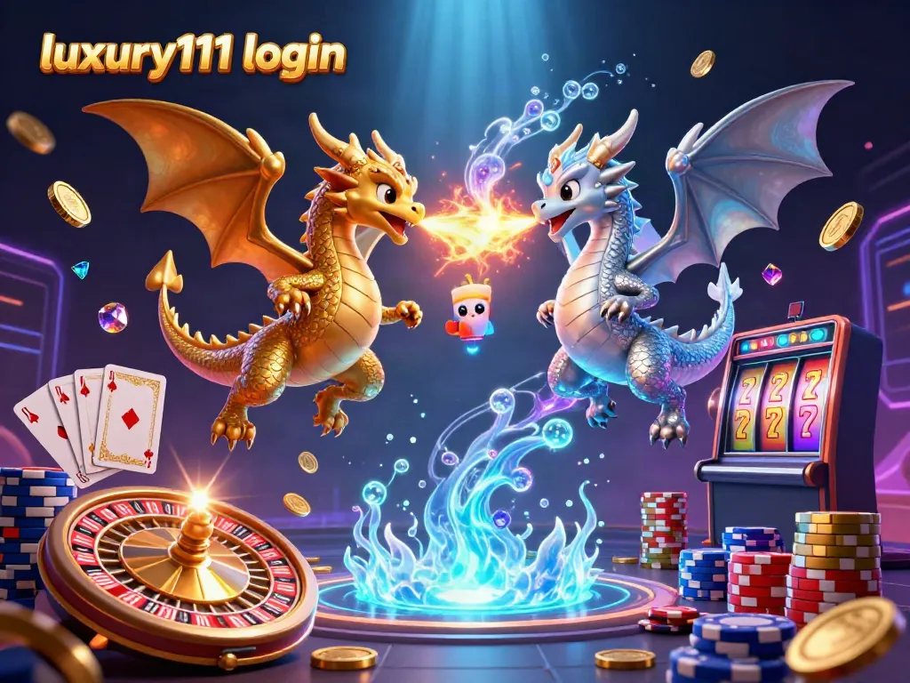 Engage with luxury111 login through a vibrant 3D dragon scene featuring gold coins, cards, and casino elements.