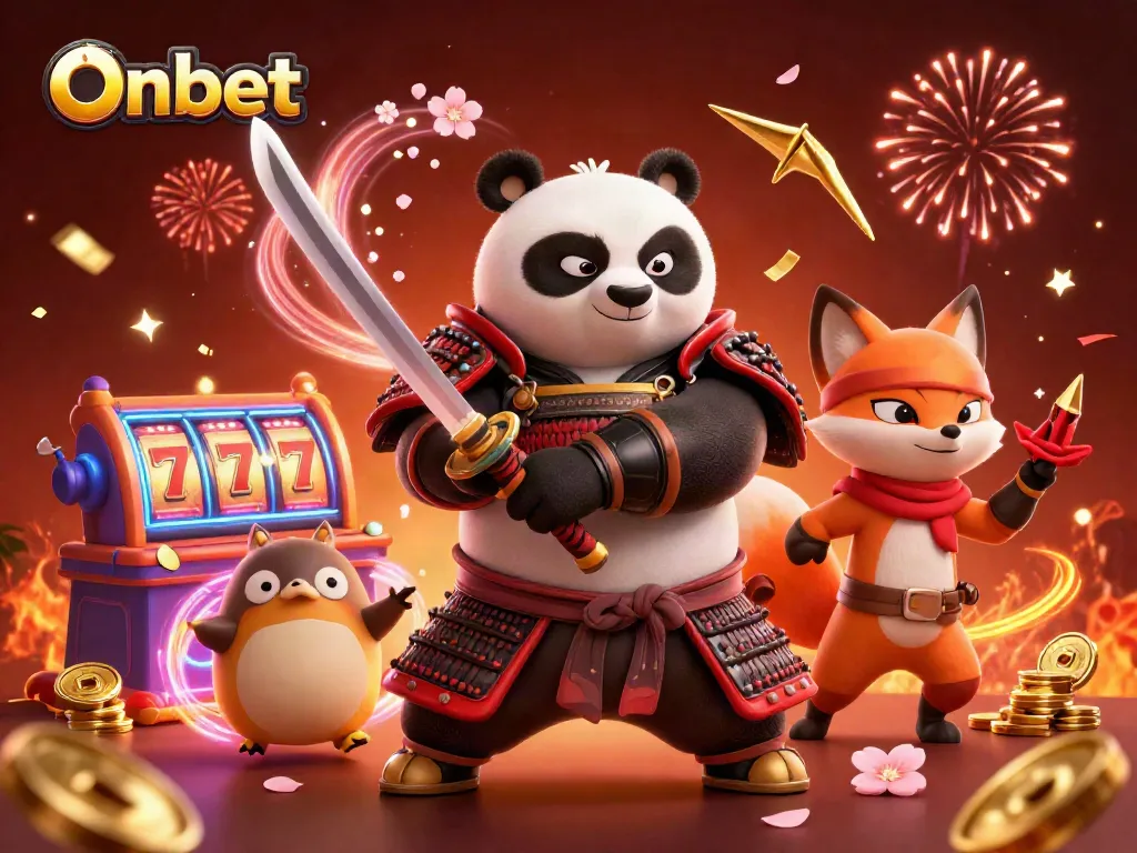 Experience Onbet's thrilling slot action with a samurai panda, ninja fox, and spirit tanuki in a vibrant casino world.