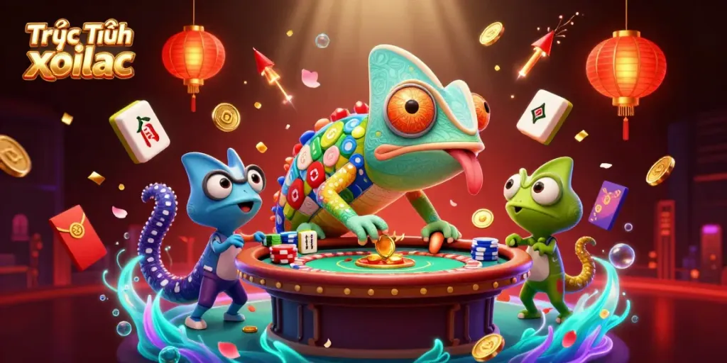 Experience the excitement of Trực Tiếp xoilac with a vibrant 3D illustration featuring colorful chameleon casino elements and gambling icons.