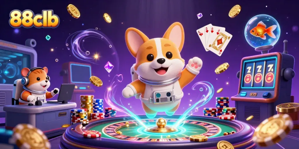 Engage in thrilling gameplay at 88clb with dynamic scenes of gambling excitement in a vibrant space casino.