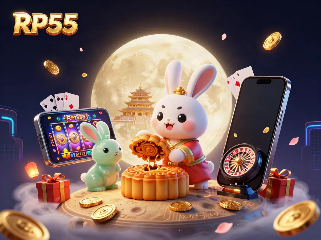 Experience the magic of RP55 with a 3D moon rabbit and slot games amidst a lunar landscape.