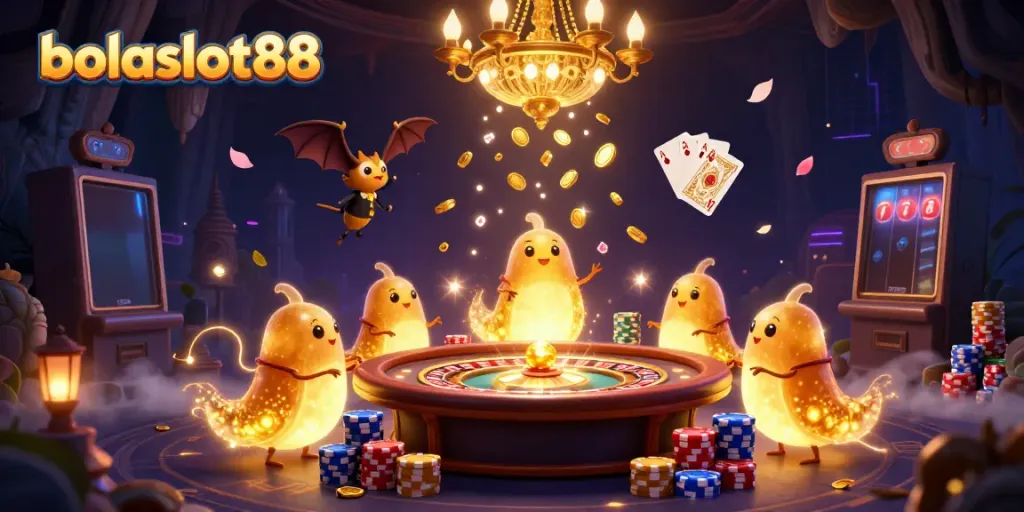 Experience the vibrant casino scene with bolaslot88 as glowworms illuminate the cave casino, highlighted by gem stones and golden coins.