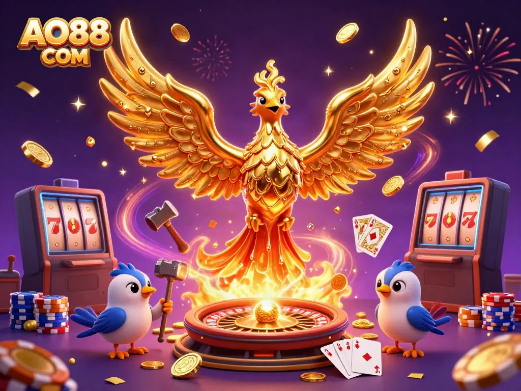 Win big at AO88 COM with a vibrant casino-themed digital illustration showcasing a golden phoenix and casino elements.