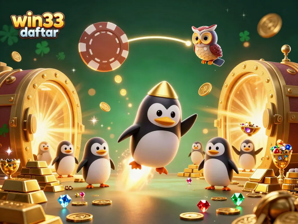 Experience excitement with win33 daftar as a golden penguin rushes to a casino, gold coins trailing behind.