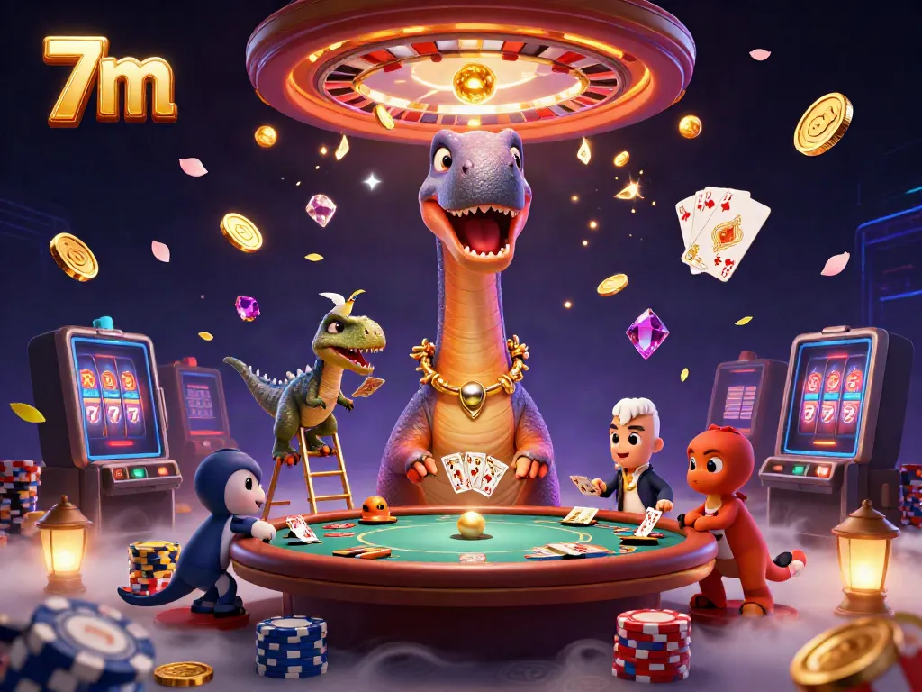 Interactive 7m casino scene featuring a cartoon brontosaurus and raptor dealer at a poker table.