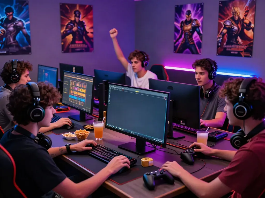 Group of friends playing akunjp judi slot games in a colorful gaming room