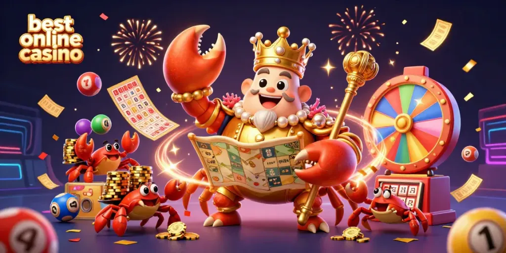 Engage with the vibrant scene depicting the best online casino, featuring a golden crab emperor amidst colorful lottery balls and confetti.