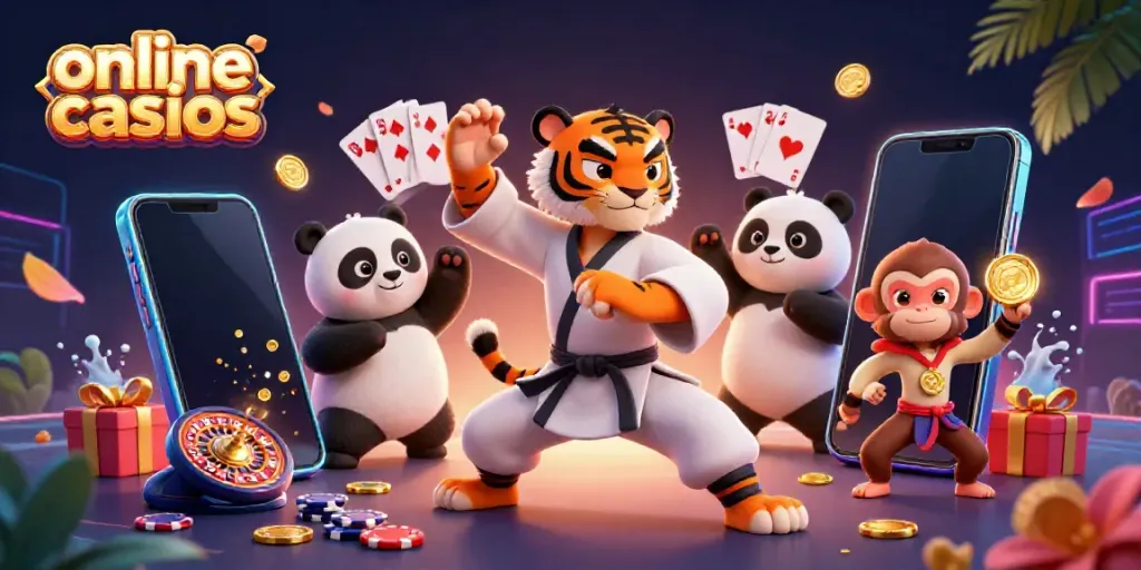 Dynamic scene of online casinos with a kung fu tiger, panda, and monkey amidst vibrant casino elements.