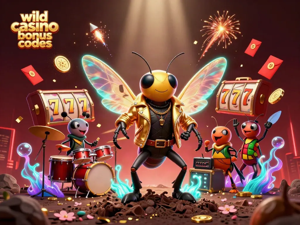 Rock star cicada and beetle drummer celebrating wild casino bonus codes with vibrant imagery.