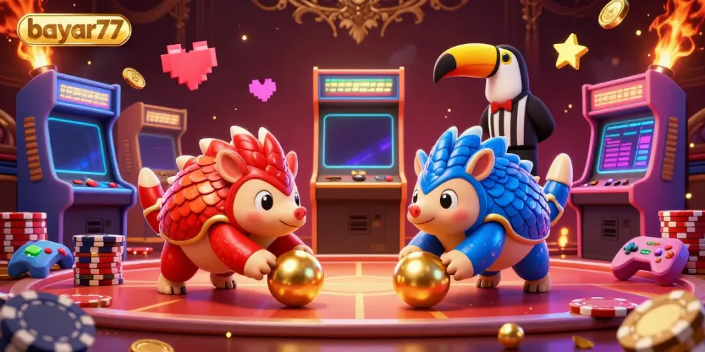 Engage with bayar77 as rival pangolins playfully explore a vibrant casino scene full of colorful arcade games and golden chips.