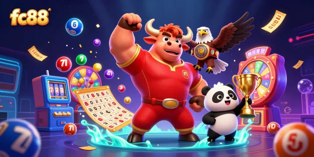 Win big at fc88 with a vibrant casino scene featuring a bull mascot, eagle champion, and panda trophy