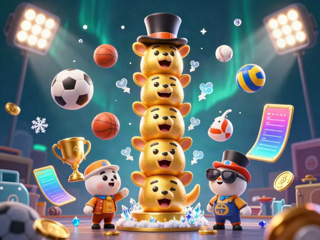 Engage with UY88 through a vibrant 3D scene featuring a golden totem pole amid dynamic casino-themed sports elements.