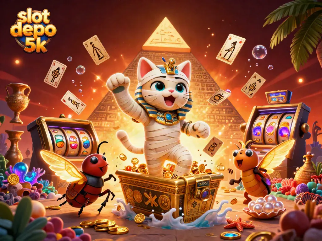 Spin to win at slot depo 5k with vibrant Egyptian-themed slot reels and treasures!