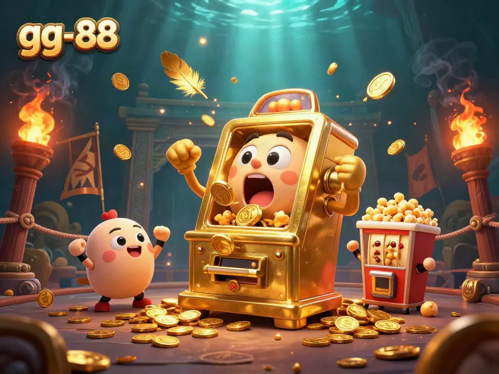 Engage with gg-88's thrilling slots as a golden slot machine hits the jackpot amid swirling coins.