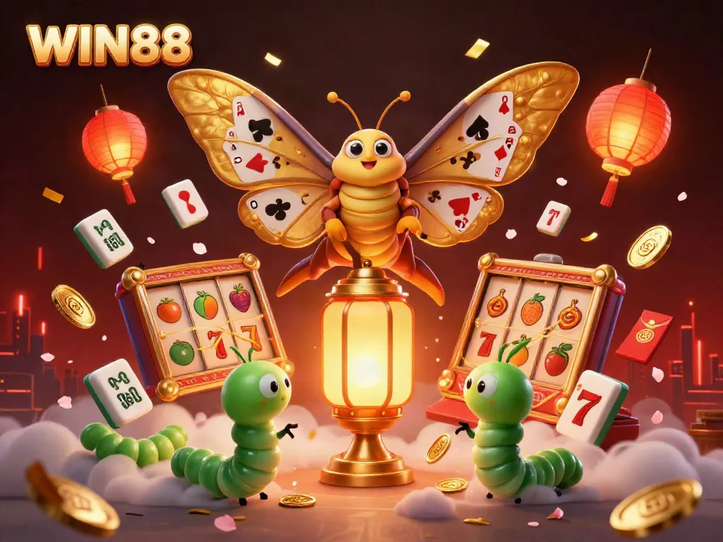 Experience exhilarating slots and casino magic with WIN88, featuring golden moths and vibrant game elements.