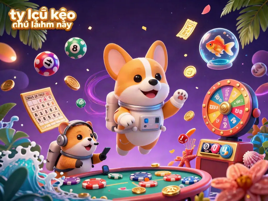 Tỷ lệ kèo nhà cái hôm nay illustrated with a floating astronaut corgi and casino elements in a vibrant space scene.