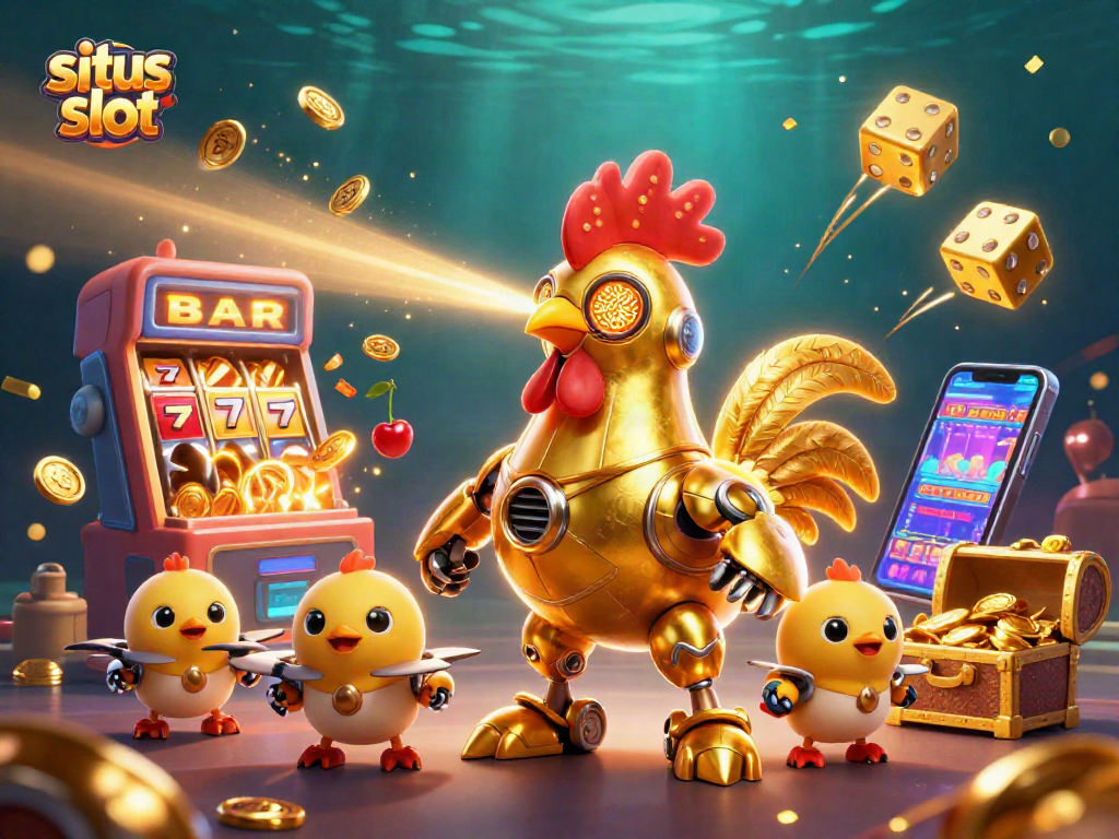 Engage with the excitement of situs slot through a vibrant 3D casino illustration featuring a golden rooster robot.